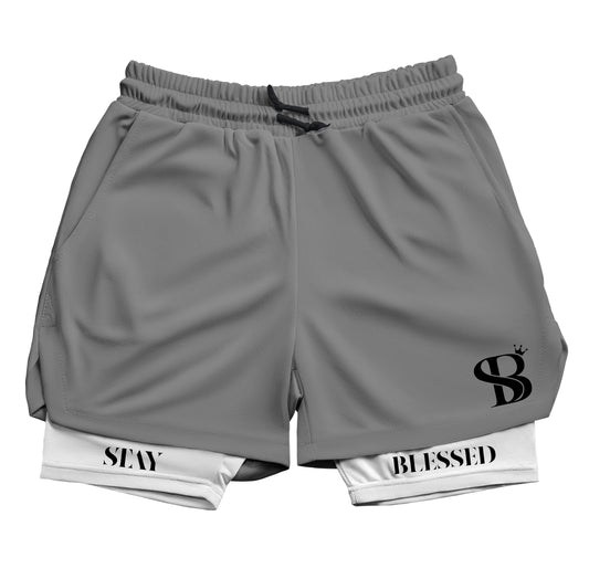 Stay Blessed Double Layer Gym Shorts (Grey/White)