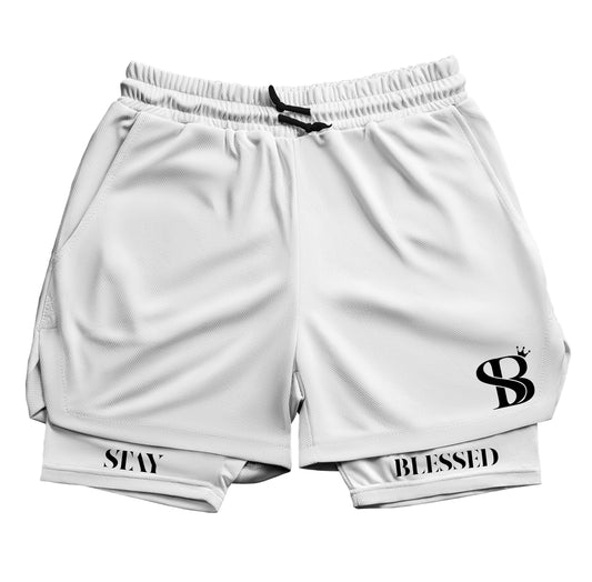 Stay Blessed Double Layer Gym Shorts (White/White)