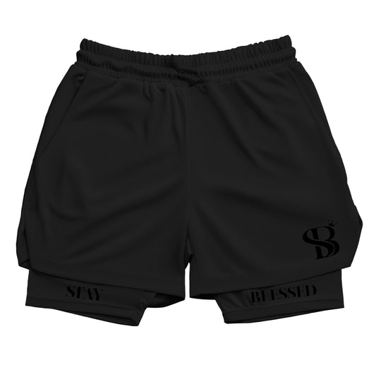 Stay Blessed Double Layer Gym Shorts (Black/Black)