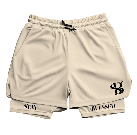 Stay Blessed Double Layer Gym Shorts (Tan/Tan)